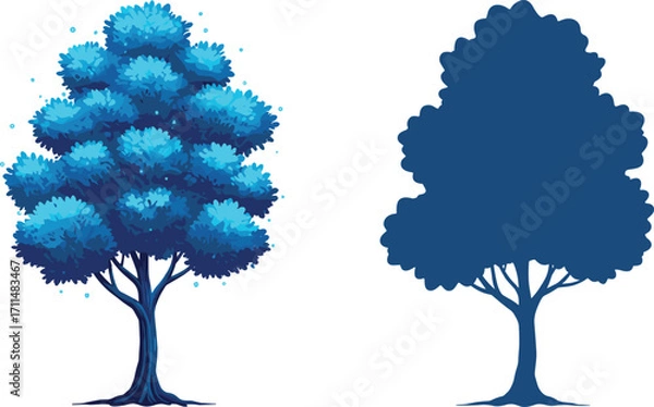 Fototapeta Magical glowing blue fantasy tree illustration, vibrant foliage, silhouette version, mystical nature art, surreal forest design, enchanted botanical concept