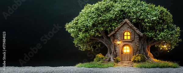 Fototapeta Whimsical fairy village nestled in roots of ancient tree, glowing warmly at night