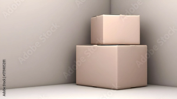 Fototapeta two moving boxes in corner of unfurnished modern apartment with soft lighting