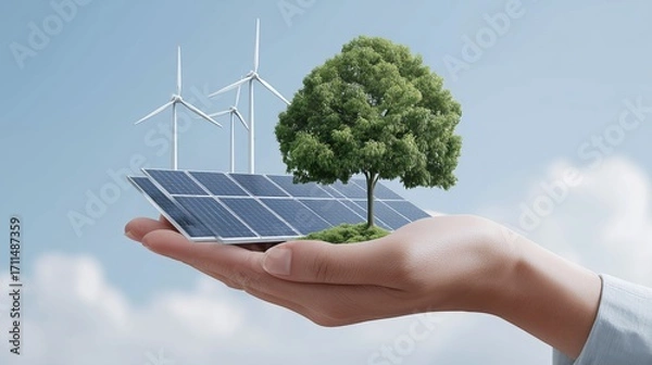 Fototapeta Woman hand holding miniature landscape with solar panels, wind turbines, and a tree. Sustainable energy and eco-friendly technology concept for environmental protection.
