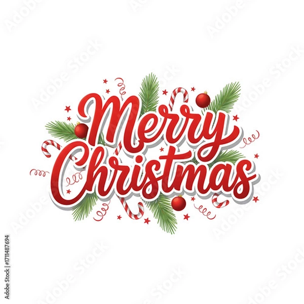 Fototapeta Merry Christmas" Script with Pine and Candy Canes