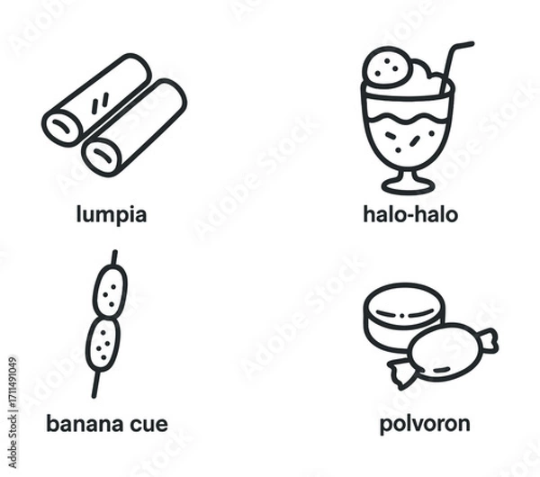 Obraz Icon set of filipino snacks: lumpia, halo-halo, banana cue, polvoron