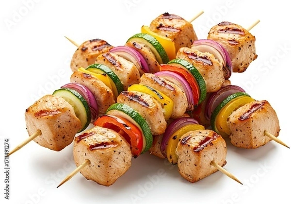 Fototapeta Grilled Chicken Skewers with Vegetables on White Background 
