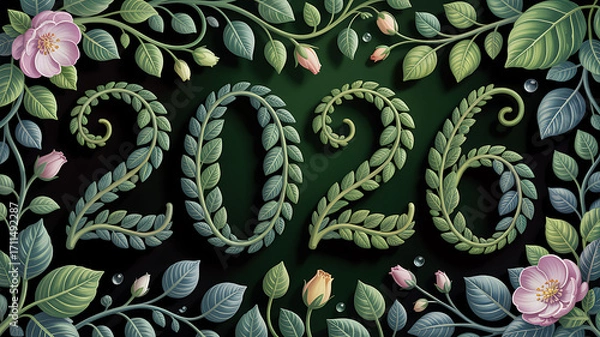 Fototapeta Elegant 2026 floral design featuring leafshaped numbers and pastel flowers against a perfect for new year greetings invitations and seasonal decorations for print and web