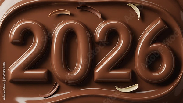 Fototapeta Delicious chocolate 2026 new year design with glossy finish perfect for confectionery promotions holiday greetings and sweet treat advertisements showcasing a rich and creamy texture