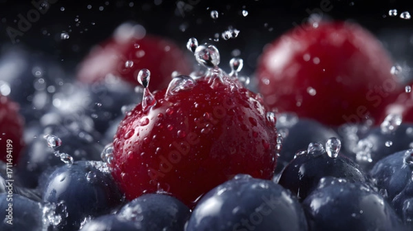 Fototapeta Berry Burst: A close-up shot captures the vibrant colors and refreshing essence of ripe, fresh berries. Water droplets dance around the berries. 
