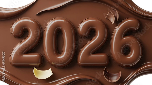 Fototapeta Chocolate 2026 new year design with glossy brown numbers and decorative swirls perfect for holiday greetings and sweet themed celebrations ideal for banners and festive promotions