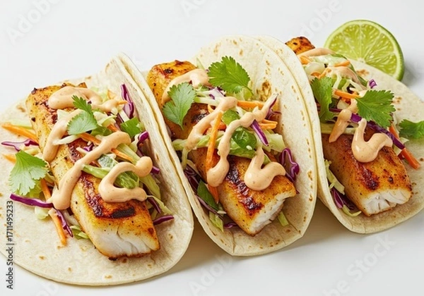 Obraz Grilled Fish Tacos with Slaw on White Background 