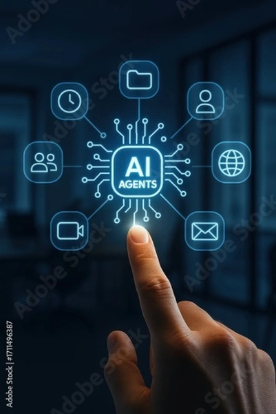 Fototapeta Hand Interacting with Digital Interface Displaying AI Agents and Connected Elements