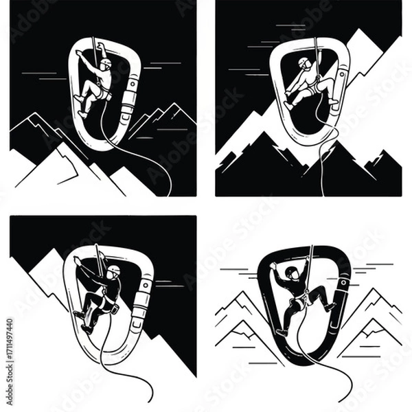 Fototapeta Monochrome illustrations of rock climbers on carabiners with mountain landscapes, depicting various climbing scenarios.