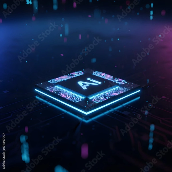 Fototapeta Futuristic AI microchip glowing with neon lights