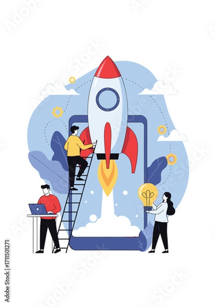 Fototapeta Startup Launch Concept With People And Rocket Taking Off On Mobile Screen