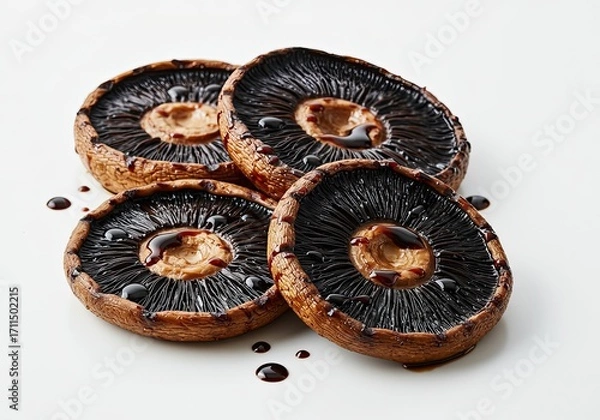 Fototapeta Grilled Portobello Mushrooms with Balsamic Glaze on White Background 