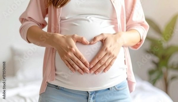 Obraz Pregnant woman gently cradles growing baby bump, forming heart shape with hands, expressing love and anticipation.