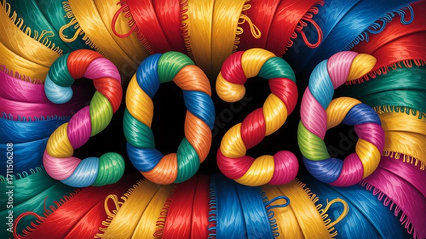 Fototapeta Colorful and vibrant 2026 new year design featuring twisted yarn or rope in rainbow hues against a perfect for festive greetings and creative projects generating excitement