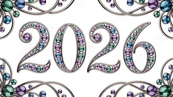 Fototapeta Sparkling 2026 new year design featuring jeweled numbers and decorative flourishes against a clean white backdrop perfect for invitations and celebratory graphics for the upcoming year