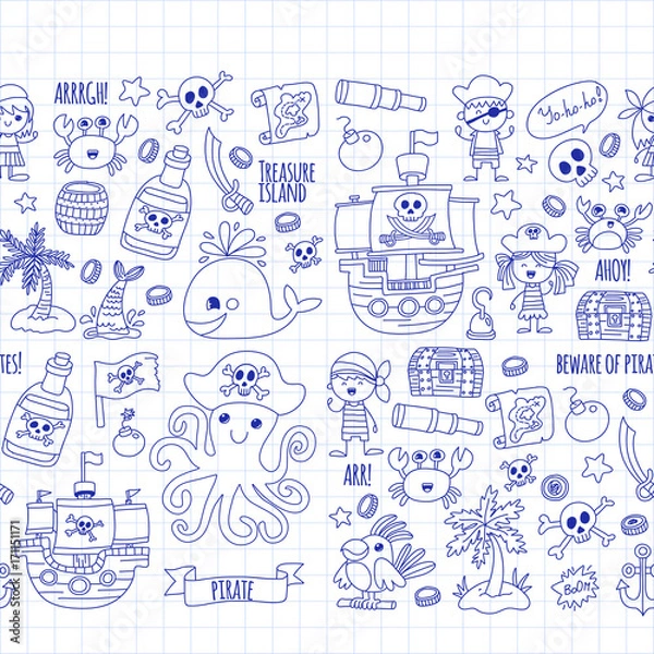 Obraz Vector seamless pattern Pirate party for children Kindergarten Kids children drawing style illustration Picutre with pirate, whale, treasure island, treasure map, skulls, flag, ship Birthday party