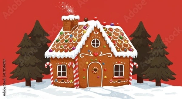 Fototapeta A charming gingerbread house sits nestled amongst snowy fir trees against a vibrant red backdrop, decorated with colorful candies and frosting.