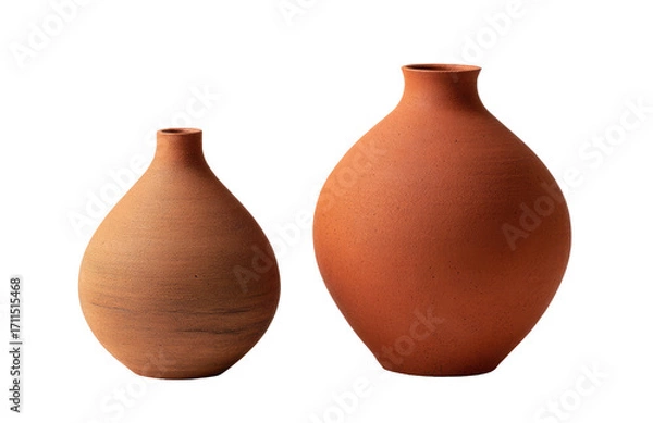Fototapeta Two terracotta-colored ceramic vases, one small and one larger,  simple shapes