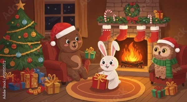 Fototapeta Cute animals, a Christmas scene,  gather around a fireplace with presents and a Christmas tree.