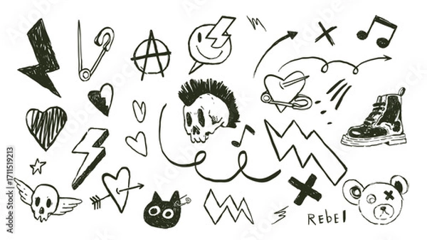Obraz Hand drawn doodle punk set – sketch scull. anarchy, pin, cat, shoe, punk, grunge, heart, music notes,  collection