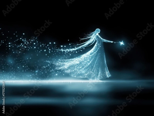Fototapeta A mystical figure in a sparkling gown wields a star, surrounded by shimmering dust against a dark backdrop, evoking a sense of magic and wonder.