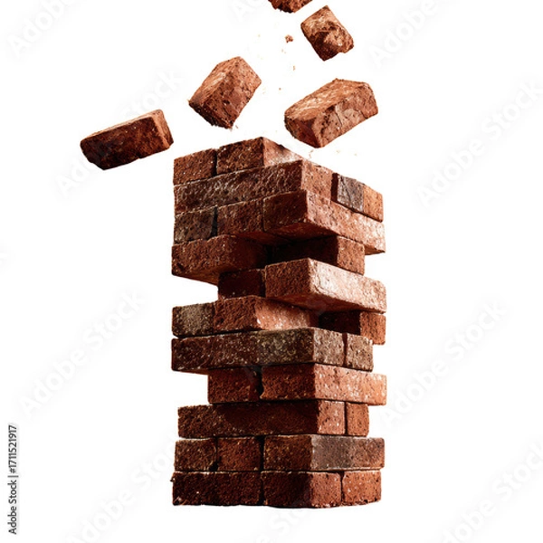 Fototapeta Tower of bricks collapsing, pieces flying