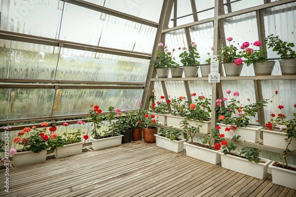 Obraz Colorful geraniums in a bright greenhouse