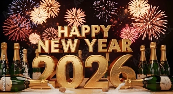Fototapeta Happy New Year 2026 with champagne bottles and fireworks
