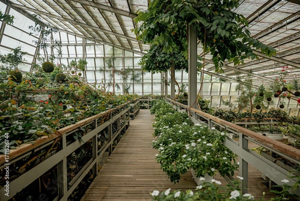 Obraz Serene greenhouse with lush greenery and vibrant flowers