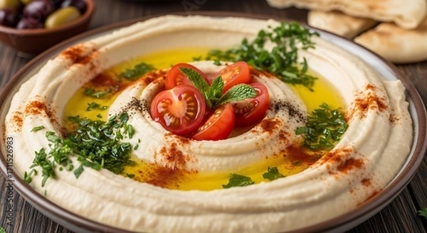 Fototapeta Delicious Hummus with Toppings.