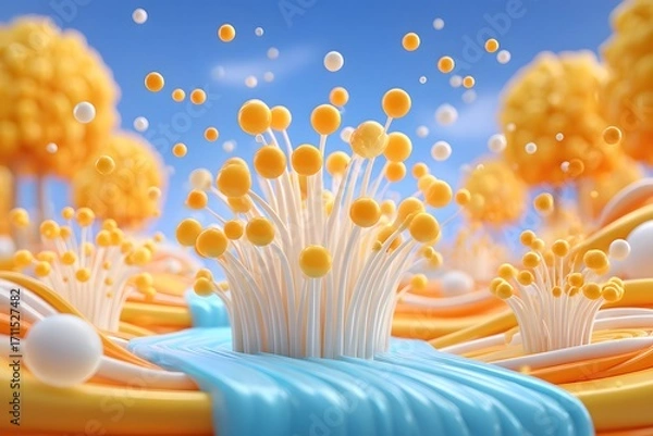 Obraz A whimsical dreamscape of stylized enoki mushrooms in a vibrant yellow and blue fantasy world.