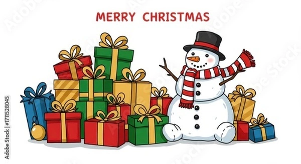Fototapeta A cheerful snowman sits amidst a pile of colorful Christmas presents, radiating holiday cheer.