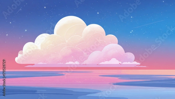 Fototapeta Dreamy pastel sky with fluffy clouds reflected in calm water at dusk