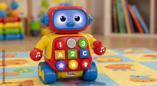 Fototapeta Toy robot with numbers and letters on a colorful background