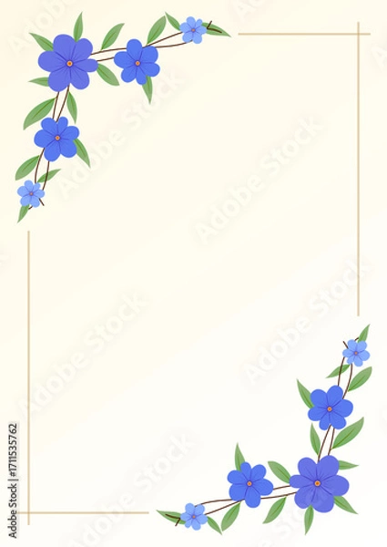 Fototapeta frame with blue flowers. Elegant Flat Flower Border Frame Illustration with Blank Cream Background. 