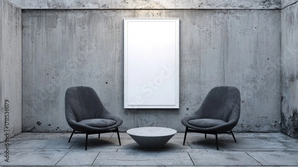 Fototapeta Modern Minimalist Lobby with Two Dark Grey Armchairs and White Framed Poster