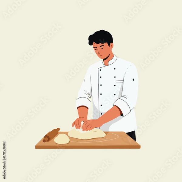Fototapeta Baker kneading dough on a wooden board; wearing a chef's uniform, neutral background