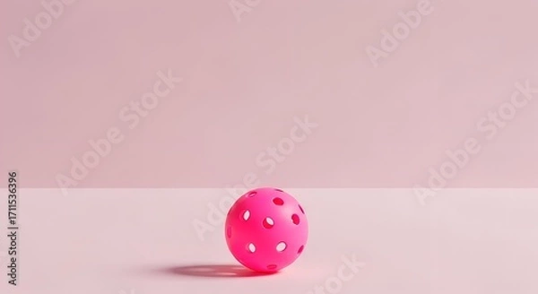 Fototapeta A vibrant pink wiffle ball with holes casting a shadow on a light pink surface against a matching pink background, creating a minimalist composition.