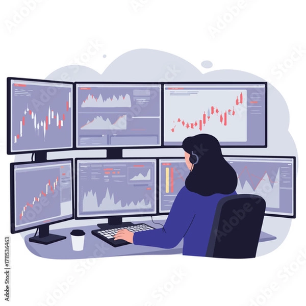 Fototapeta Analyst monitors stock market with multiple displays and headset while working at a desk