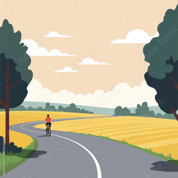 Fototapeta Cyclist on winding road through golden fields, under a pastel sky with trees