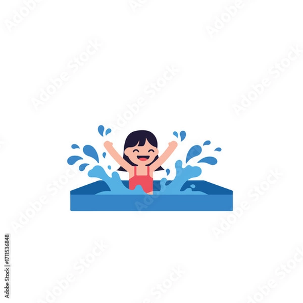 Fototapeta Cartoon illustration of a girl joyfully swimming in a pool with water splashing around