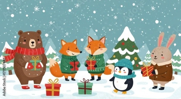 Fototapeta Festive woodland animals exchange gifts in a snowy winter scene.  A group of adorable bears, foxes, a penguin, and a rabbit are depicted amidst snowy trees and snowfall, each holding a gift.