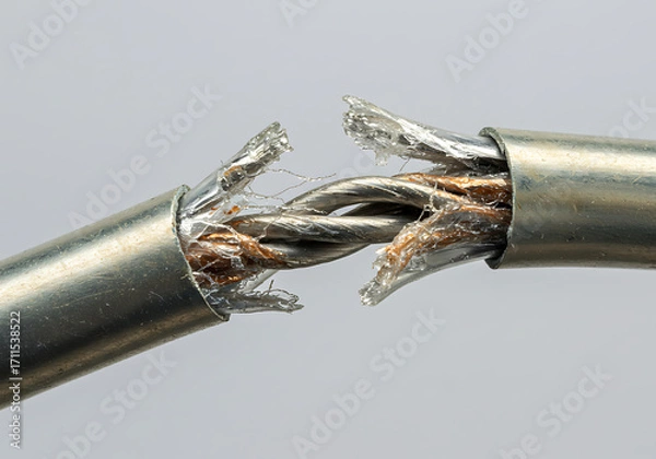 Fototapeta 切れたケーブル、断線、金属光沢、クローズアップ写真