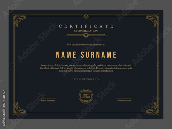 Obraz Vintage style certificate of appreciation template. Art deco ornament certificate design in dark gold style.