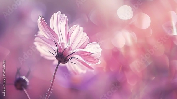 Fototapeta soft focus close-up of a delicate pink flower on a pastel mauve background, dreamy motion blur effect, artistic bokeh, gentle lighting, minimalist composition, ethereal atmosphere, macro lens 