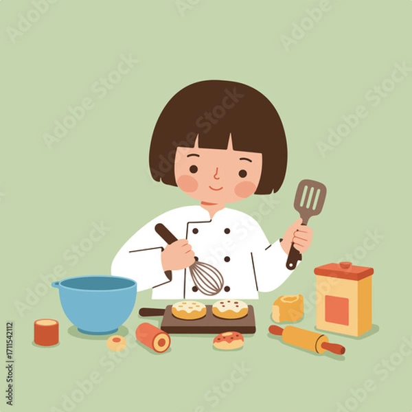 Obraz Stylized drawing of a young chef preparing doughnuts, on light green background