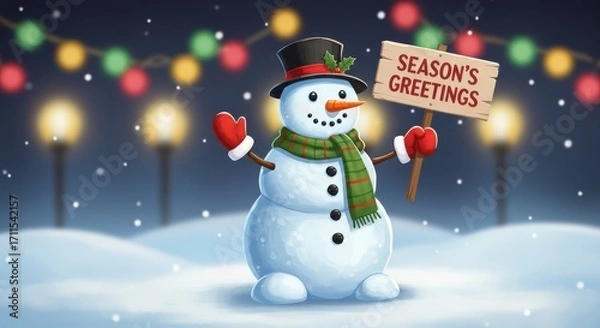 Fototapeta A cheerful snowman, adorned with a festive scarf and red mittens, holds a sign wishing season's greetings against a backdrop of twinkling lights and falling snow.