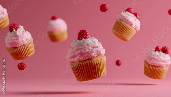Fototapeta Delicious pink frosted cupcakes with raspberries floating against a vibrant pink background