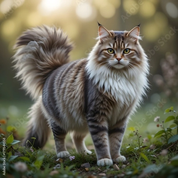 Fototapeta A realistic photo of a Kurilian Bobtail cat, strong body, fluffy tail, natural setting, ultra detailed
